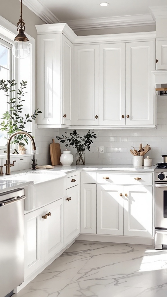 A bright kitchen featuring classic white shaker cabinets with golden knobs and a modern design.