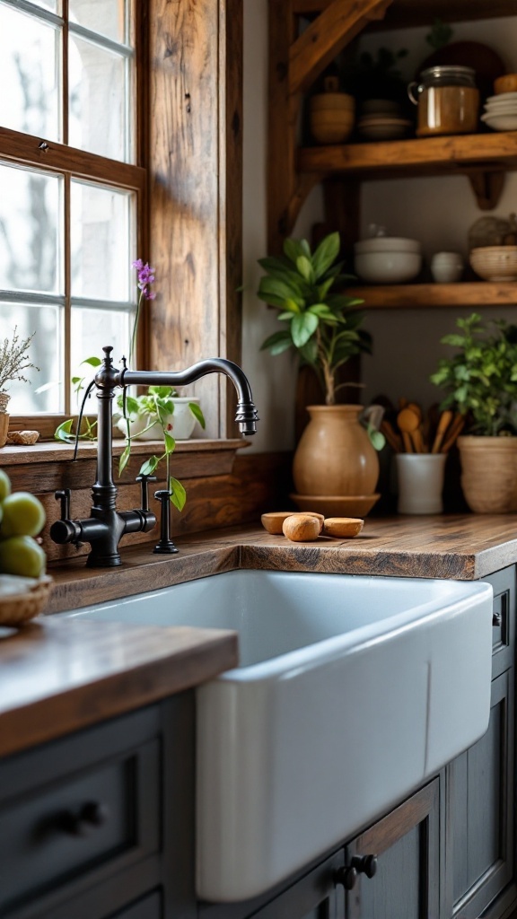 Farmhouse sink with vintage faucet and wooden countertop in a cozy kitchen setting