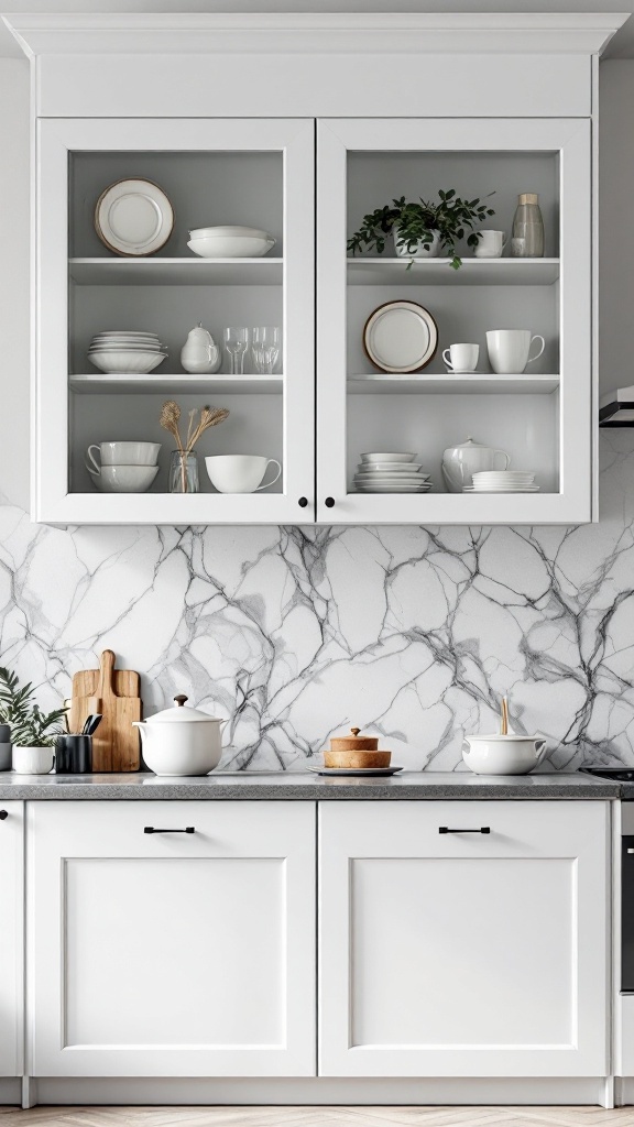 A modern kitchen featuring glass cabinet doors with neatly arranged dishware and a marble backsplash.