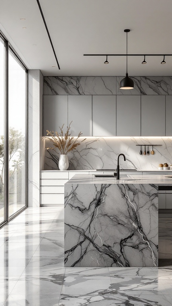 A modern kitchen featuring gray marble countertops, sleek cabinetry, and large windows for natural light.