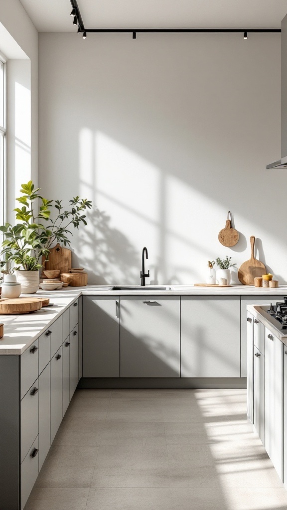 A minimalist kitchen with gray cabinetry, natural light, and wooden accents.