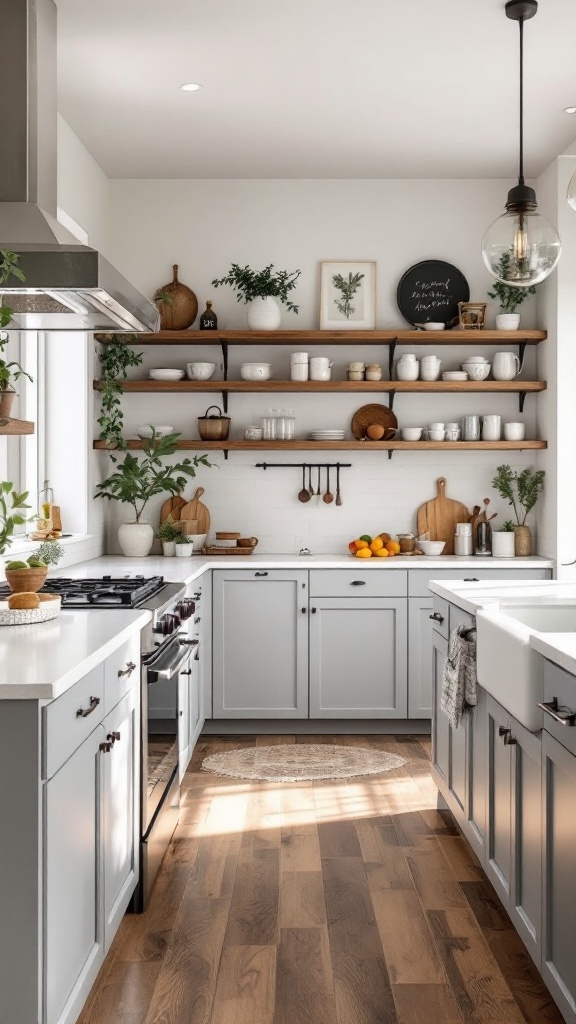 Cozy modern farmhouse kitchen with gray cabinets, wooden shelves, and greenery.