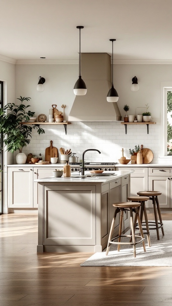 A stylish kitchen featuring a multi-functional island with seating, stove, and decorative elements.