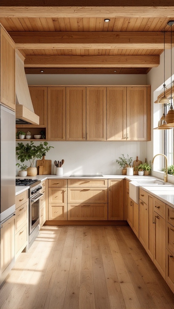Bright kitchen with natural wood cabinets and flooring, featuring ceiling beams and plants on countertops.