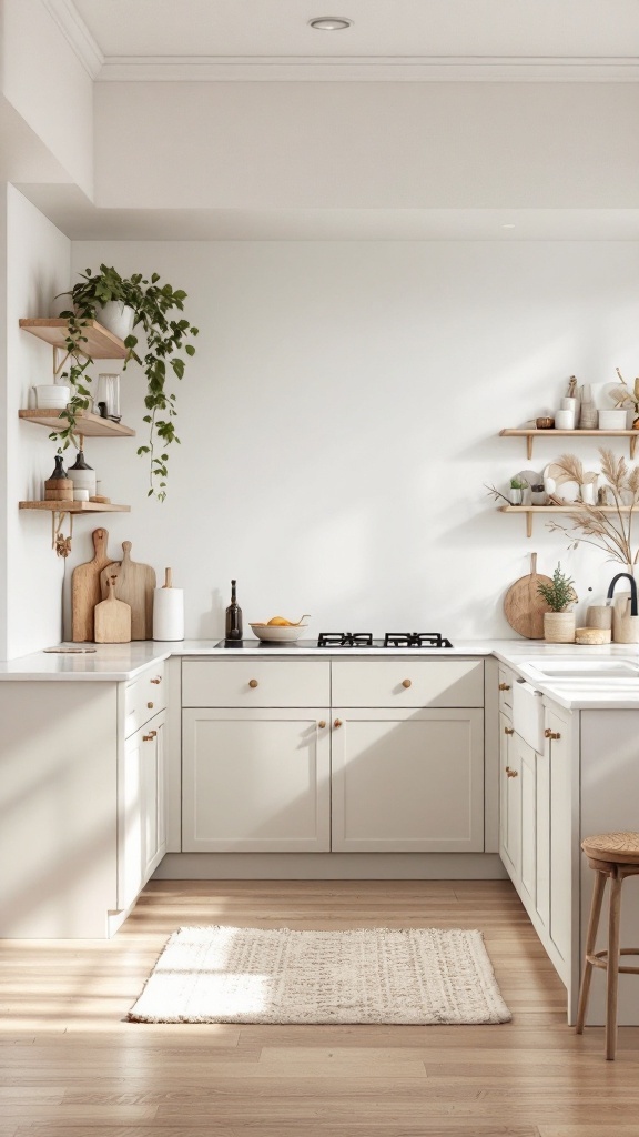 A modern kitchen featuring a neutral color palette with beige cabinets, wooden shelves, and natural decor.