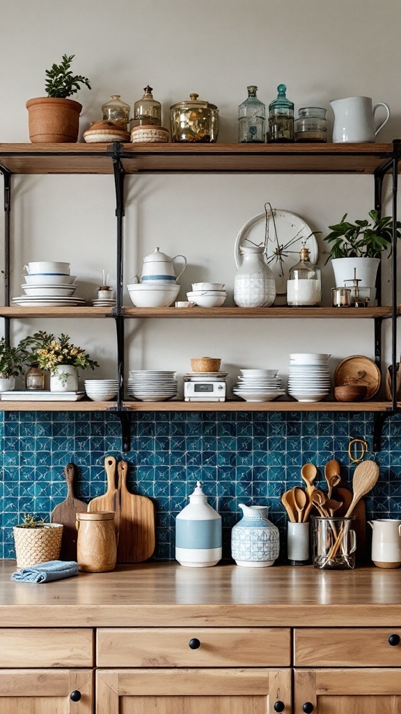 Open kitchen shelving displaying plants, dishes, and jars against a blue tiled backsplash.