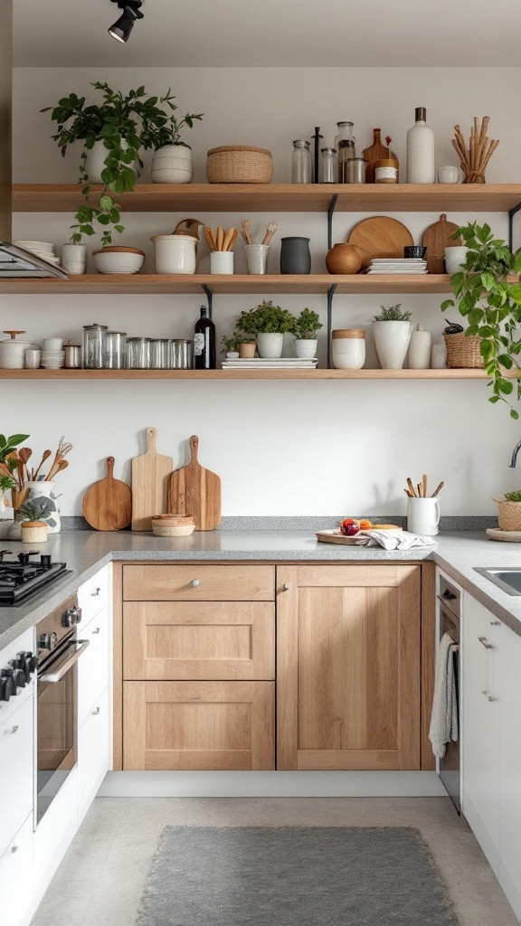 A modern kitchen featuring open wooden shelves filled with containers, utensils, and plants, along with sleek cabinets.