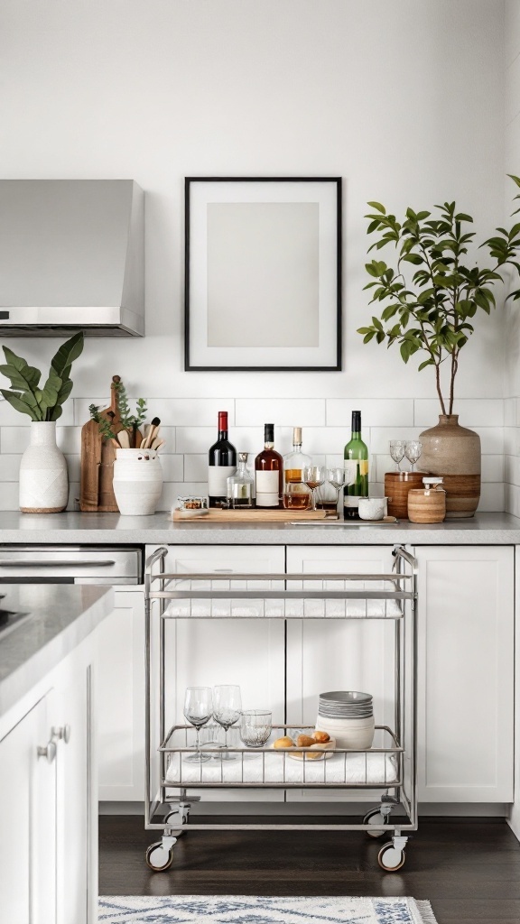 Stylish bar cart with drinks and glassware in a modern kitchen.