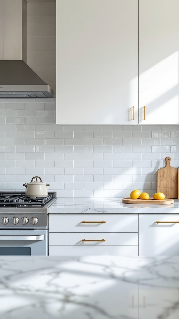 Modern kitchen with white subway tile backsplash and gold accents