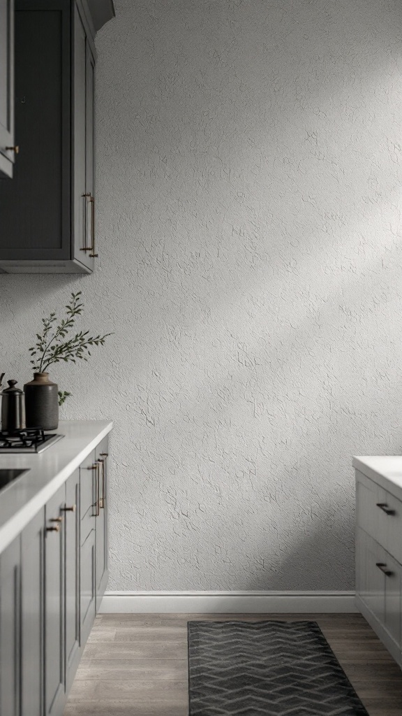 A modern kitchen with textured gray wallpaper and sleek cabinetry