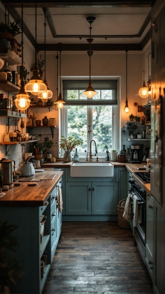 A cozy kitchen with vintage lighting fixtures, blue cabinetry, and wooden countertops.