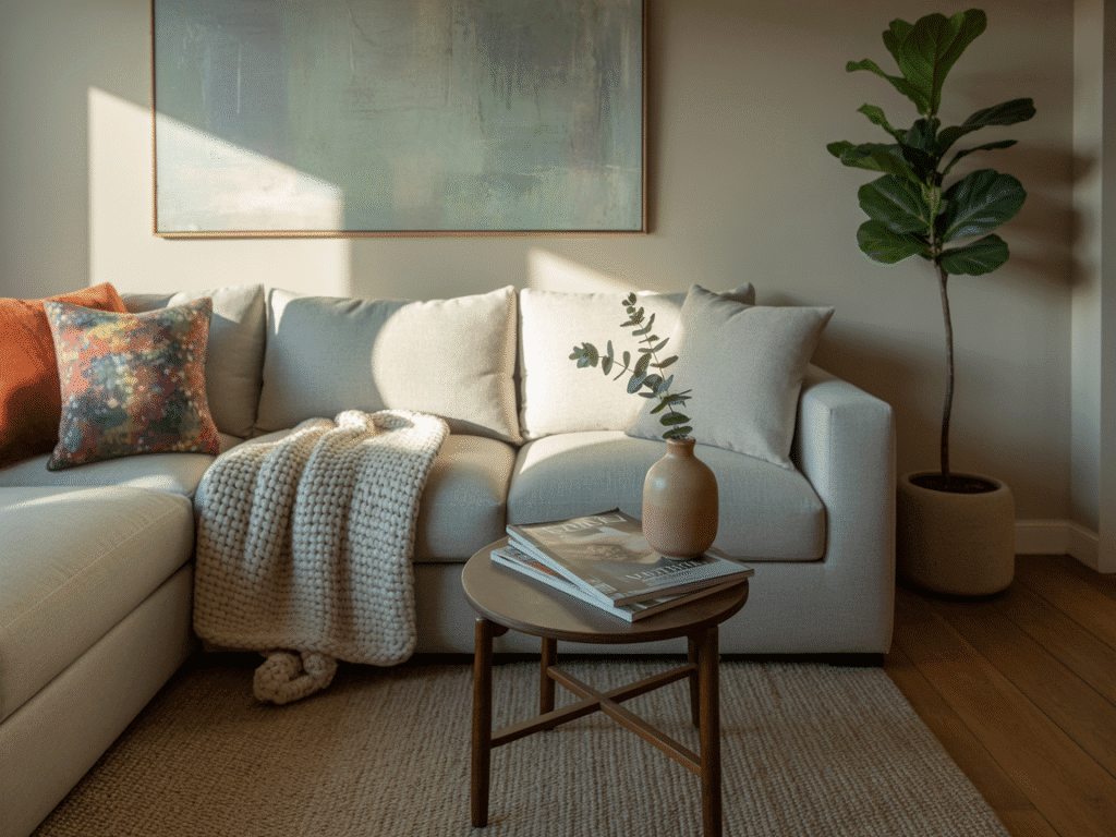 A photograph of a cozy small living room bathed in soft morning light.