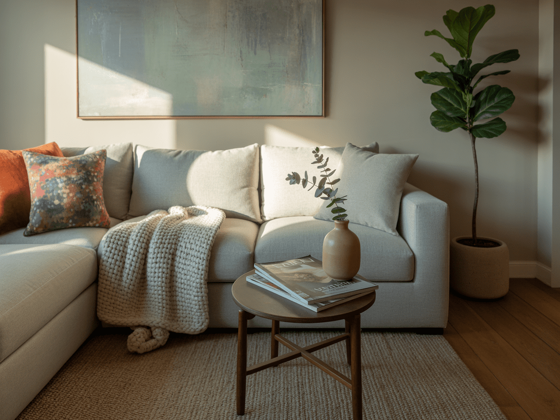 A photograph of a cozy small living room bathed in soft morning light.