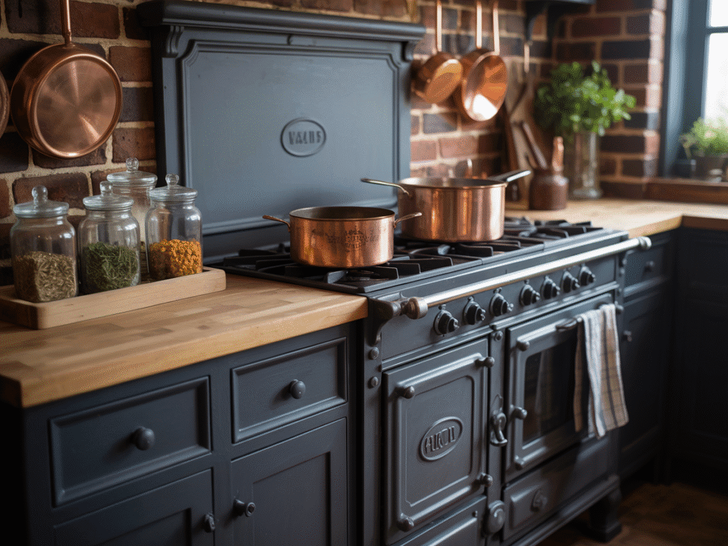 A photograph of a dark farmhouse kitchen featuring a large, cast-iron stove as its focal point.