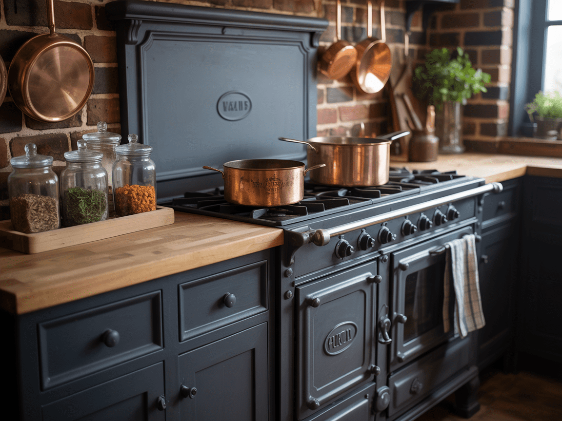 A photograph of a dark farmhouse kitchen featuring a large, cast-iron stove as its focal point.
