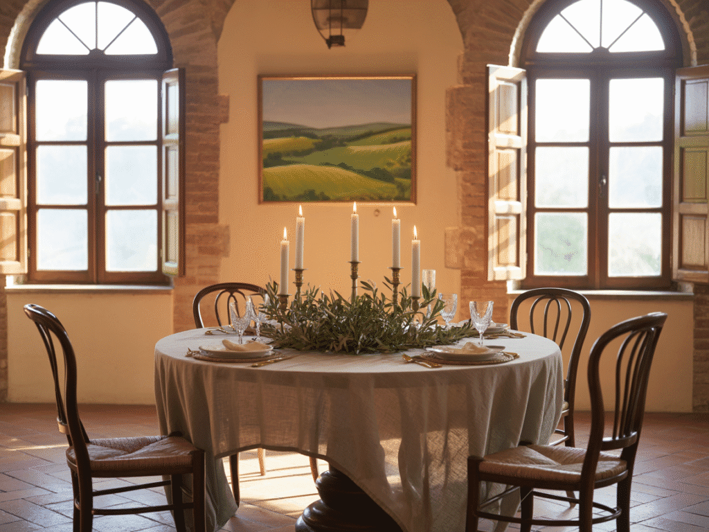 A photograph of a small, elegant Tuscan dining room featuring a round, wooden table set for a romantic dinner.