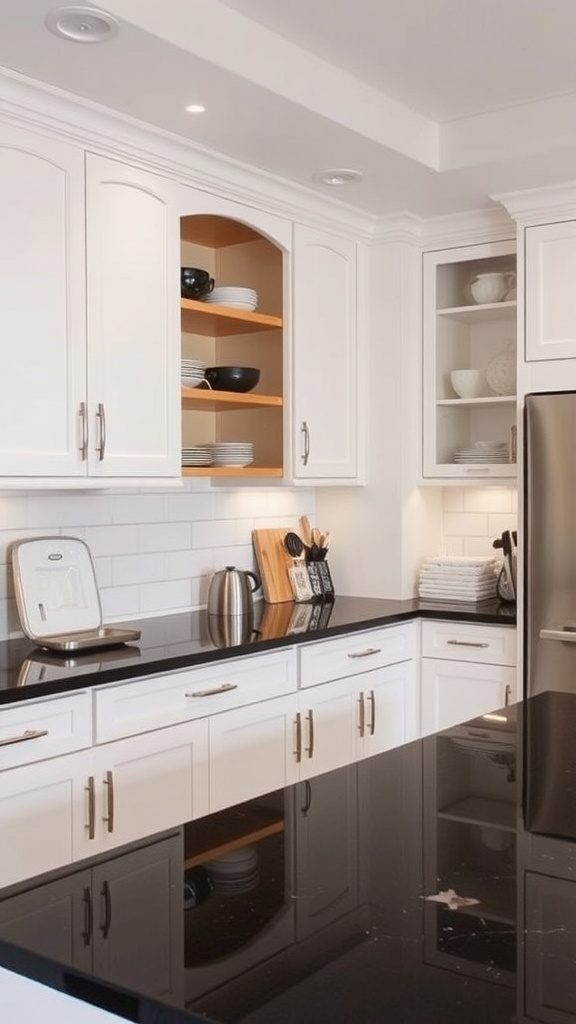 a functional kitchen with black countertops, white cabinets, and innovative storage solutions like pull-out shelves