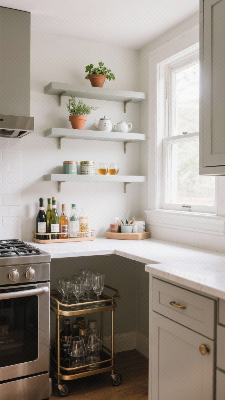 A corner-angle medium shot of a tight kitchen nook with short, staggered shelves fitted between a window and a cabinet: upper shelf with small herb pots and tea tins, lower shelf with frequently used items; nearby a small bar cart area with glassware up top and bottles below; bright natural window light, making clever use of dead space.