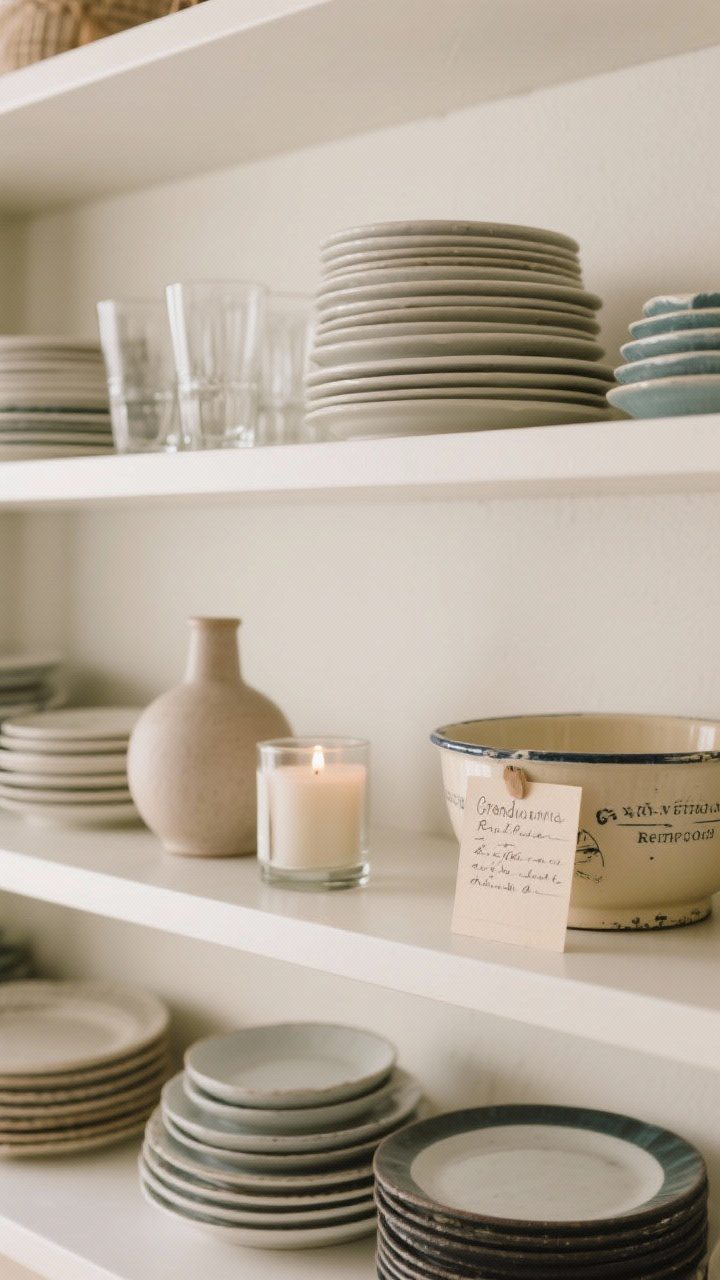 A detail closeup of a personal-yet-edited shelf arrangement following 60/30/10: predominantly functional pieces (stacked plates, everyday glasses), a few decorative items (neutral ceramic vase, candle), and one sentimental highlight (grandma’s mixing bowl and a handwritten recipe card), grouped cohesively with calm spacing and soft, natural light.