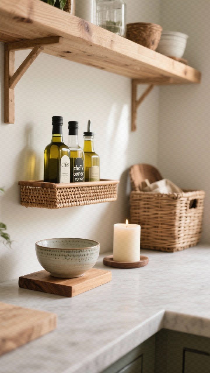 A detail closeup of a shelf vignette styled with organizers: a low tray corralling olive oil and vinegar bottles for a “chef’s corner,” a small wooden riser elevating a pretty ceramic bowl beside a candle, and a wicker basket tucking away less attractive items; textures of wood grain, wicker, and ceramic highlighted in soft, natural side light.