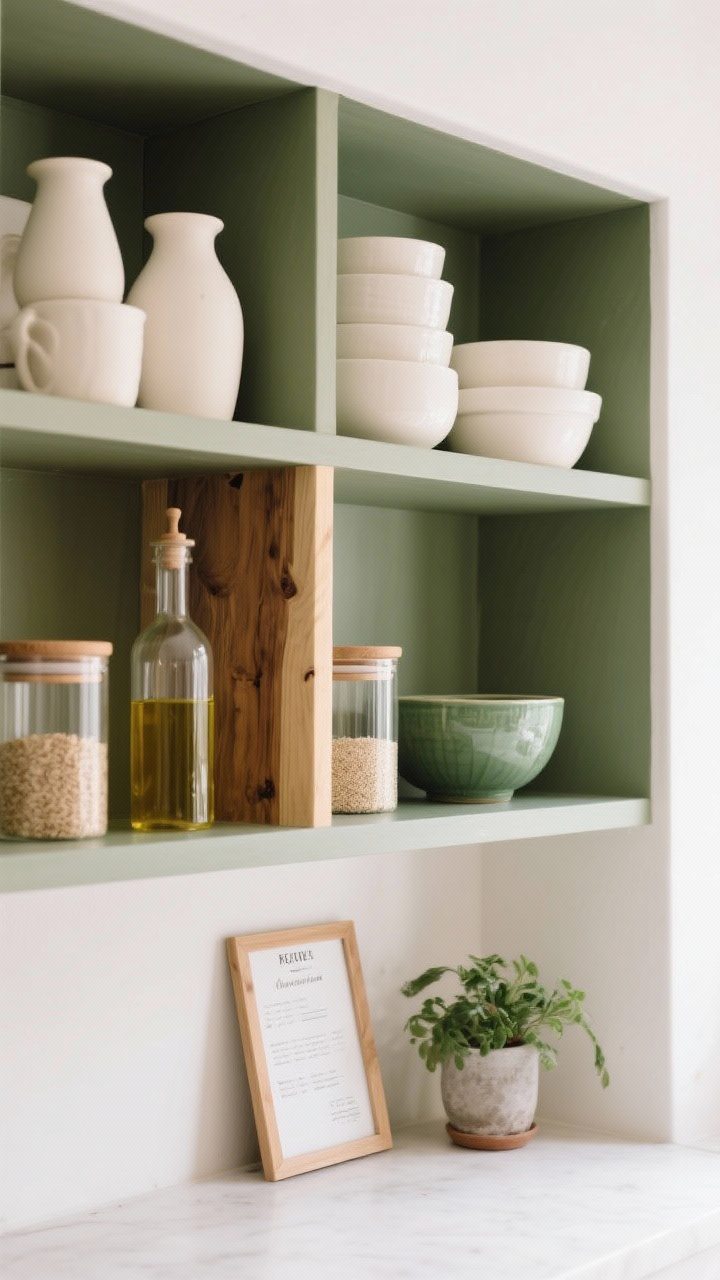 A detail, straight-on closeup of color-blocked open shelves: grouped creamy white ceramics on one side, clear glass storage for oils and grains in the center, and natural wood accents on the other, with a single sage-green bowl as the accent color; include a small potted plant and a framed recipe card to break up solids; calm, boutique-like styling in diffused daylight.