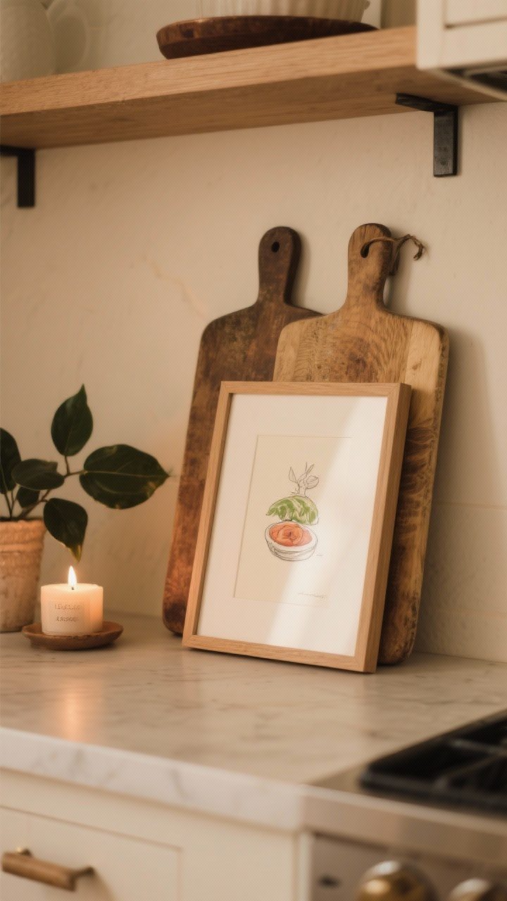 A detail, straight-on composition on a kitchen shelf with a small framed food sketch leaning against the wall, a vintage cutting board layered behind it, and a leafy plant plus a candle for dimension; keep art under 12x16 inches and allow negative space around objects; warm, cozy ambient light.