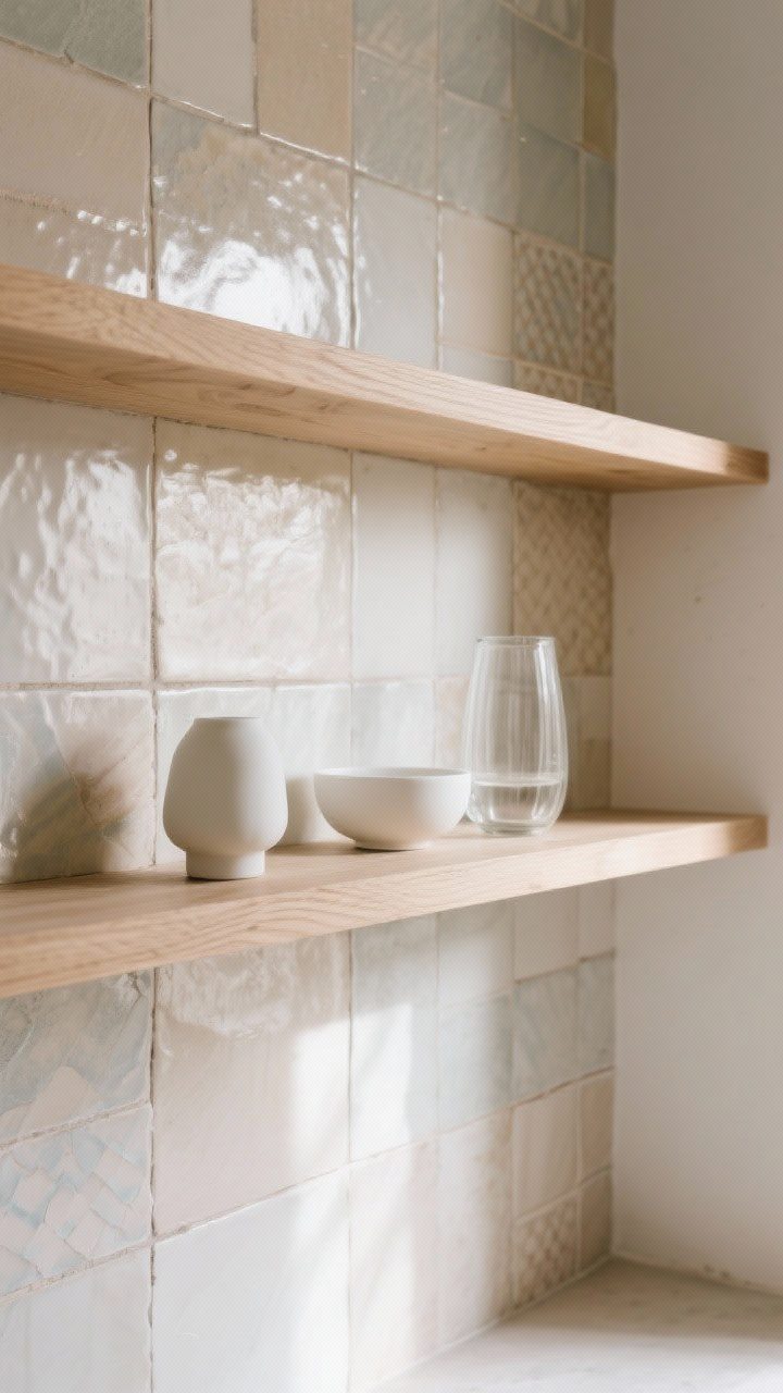 A medium shot focusing on texture: simple light oak shelves against a zellige tile backsplash with subtle color variation and sheen; styling kept minimal with clear glass, white ceramics, and natural wood to let the backdrop sing; soft, directional daylight accentuating tile texture and grout lines, sealed finishes indicated by a gentle sheen.
