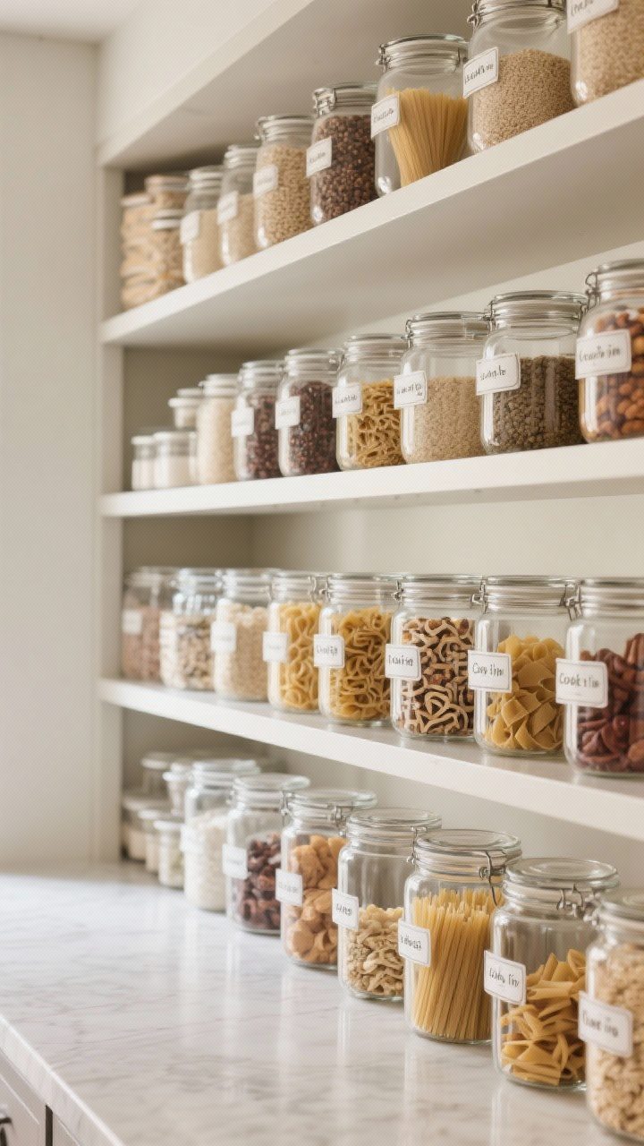 A medium shot of pantry-style open shelves featuring rows of clear jars—glass for long-term grains and pasta, acrylic for lightweight snacks—each with minimal labels (name + cook time); include stackable jar sets to maximize vertical space; neutral backdrop with clean lines and bright, even daylight for a luxe-organized look.