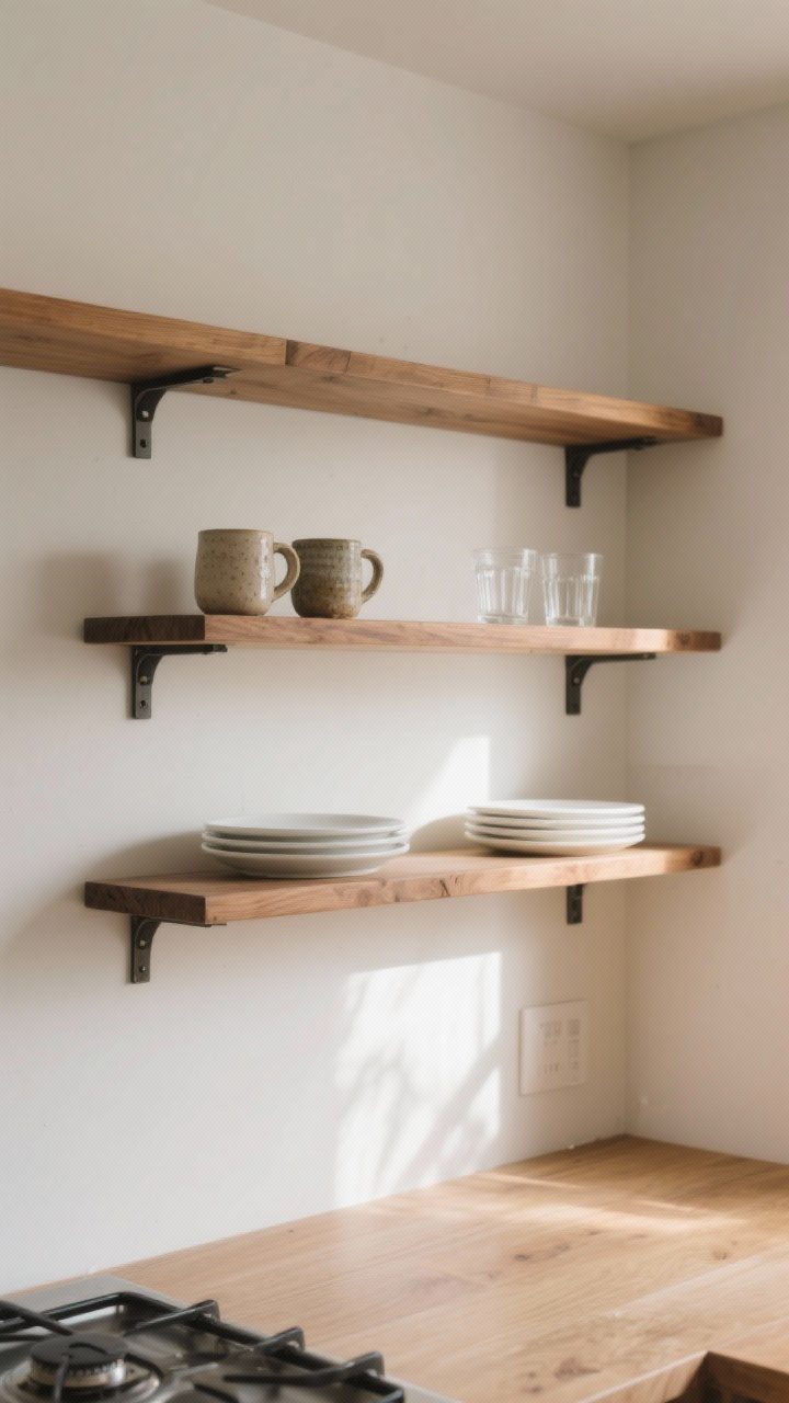 A medium, straight-on shot of a compact kitchen wall featuring thick, solid natural oak floating shelves with hidden brackets, styled minimally with handmade ceramic mugs, everyday white plates, and clear glass tumblers; airy, intentional composition with plenty of negative space and soft morning natural light filtering in, emphasizing the substantial thickness of the wood and the open, dust-light arrangement.