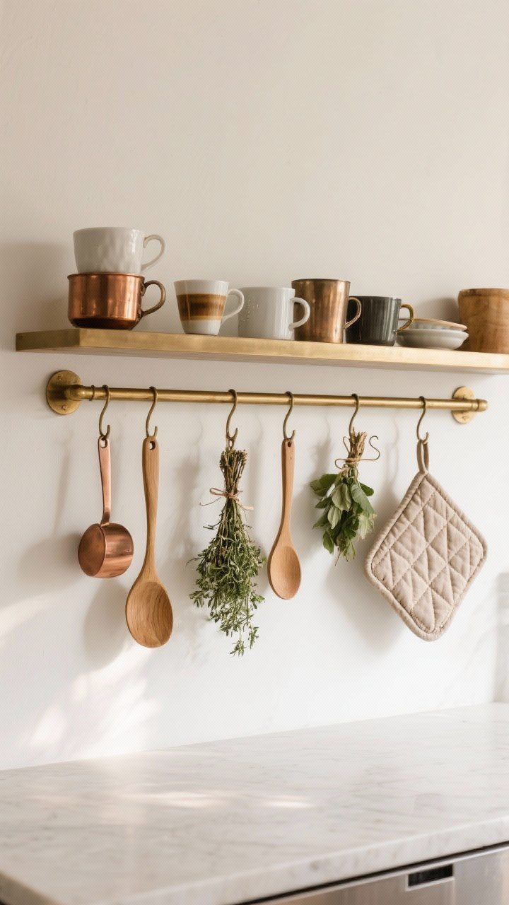 A medium, straight-on view of a kitchen shelf with a slim brass rail mounted underneath, holding a curated mix of hanging items: espresso cups, copper ladles, wooden spoons, small herb bundles, and a quilted potholder on varied S-hooks; eclectic but cohesive arrangement, warm afternoon light glinting off metals, matte white wall backdrop.