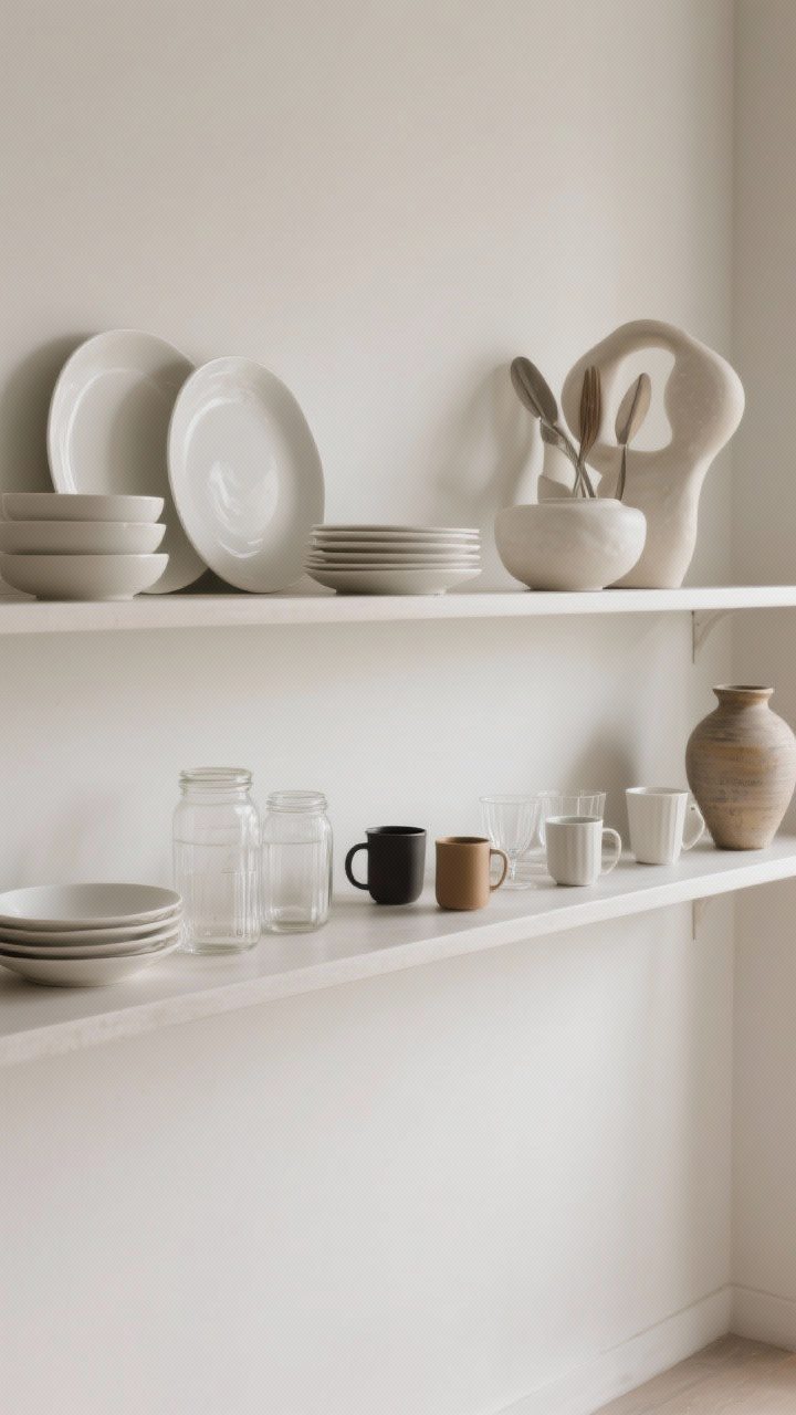 A wide, minimalist shelf scene curated as a “capsule collection”: 2–3 everyday white bowls and plates, one statement serving piece in sculptural ceramic, 4–6 mixed glasses and mugs, a couple of clear jars, and one sculptural vase or utensil crock; ample negative space and balanced proportions under calm, neutral daylight.