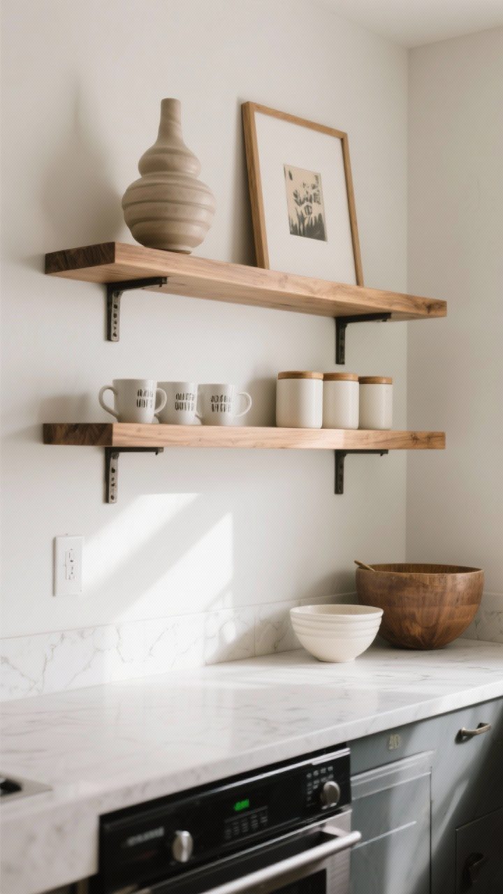 A wide shot of a coffee bar wall with a tiered shelf setup: two natural wood shelves above a counter, the lower shelf at reachable height and the upper shelf higher for lightweight decor; 20 inches of clearance above the counter for appliances and mixing bowls; top shelf holds a sculptural vase and framed print, bottom shelf holds daily mugs and canisters; bright, even daylight.