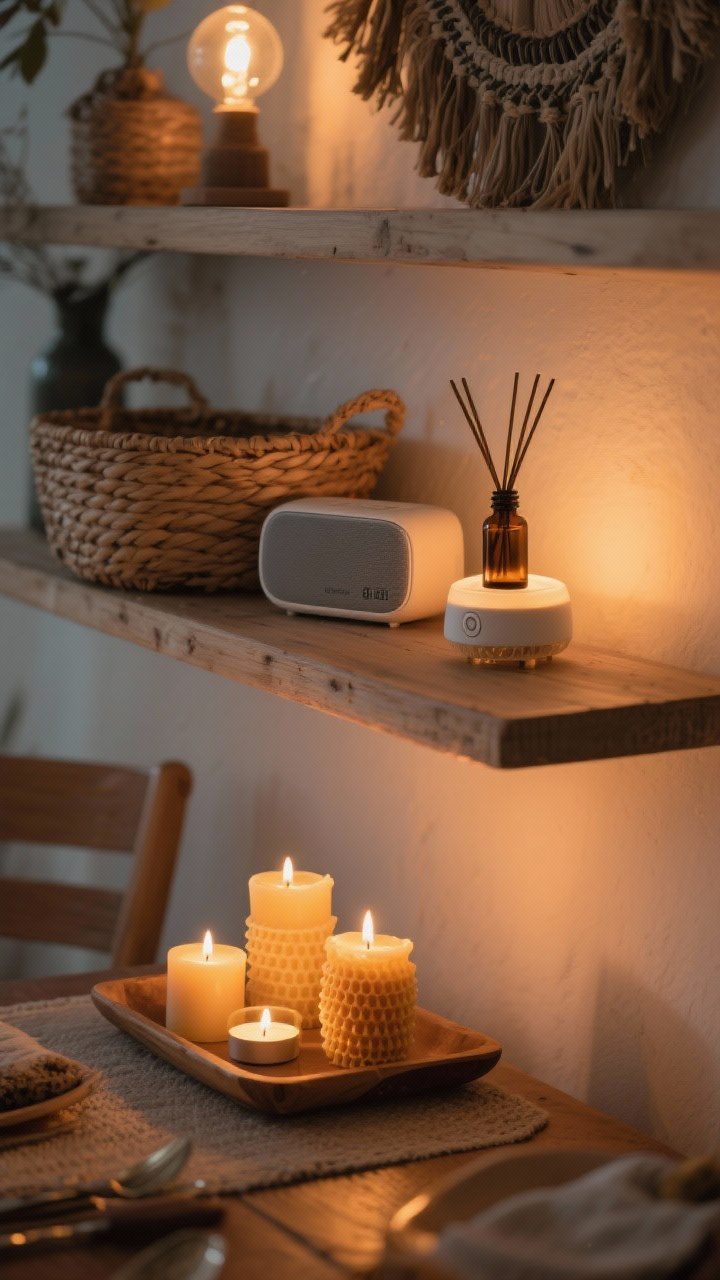 Closeup ambience shot: Mood setting elements—a small grouping of glowing beeswax candles and tea lights on a tray, a discreet Bluetooth speaker tucked into a woven basket on a shelf, and an essential oil diffuser emitting sandalwood/cedar; dimmed lights, soft warm glow for an intimate boho dining atmosphere.