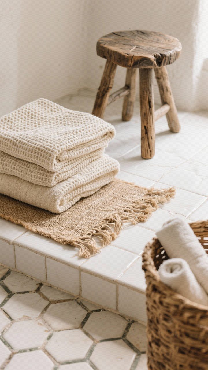 Closeup detail shot of layered bathroom textiles on a vintage hex tile floor: folded cream Turkish towels stacked with larger waffle-weave bath sheets, a fringed jute runner overlapping smooth white ceramic tile, and a rattan basket holding rolled towels; include rough reclaimed wood stool leg against the smooth tile for texture contrast; soft natural daylight from the side highlighting fibers; no people.