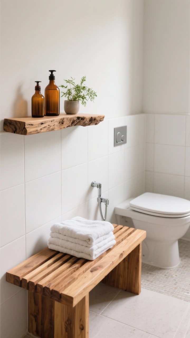 Closeup of wood warmth in a bathroom: a teak shower bench with slatted seat holding folded towels, and a live-edge wood shelf above the toilet displaying amber glass bottles and a small plant; contrast of warm wood against cool white tile; gentle, spa-like daylight filtering in; no people.