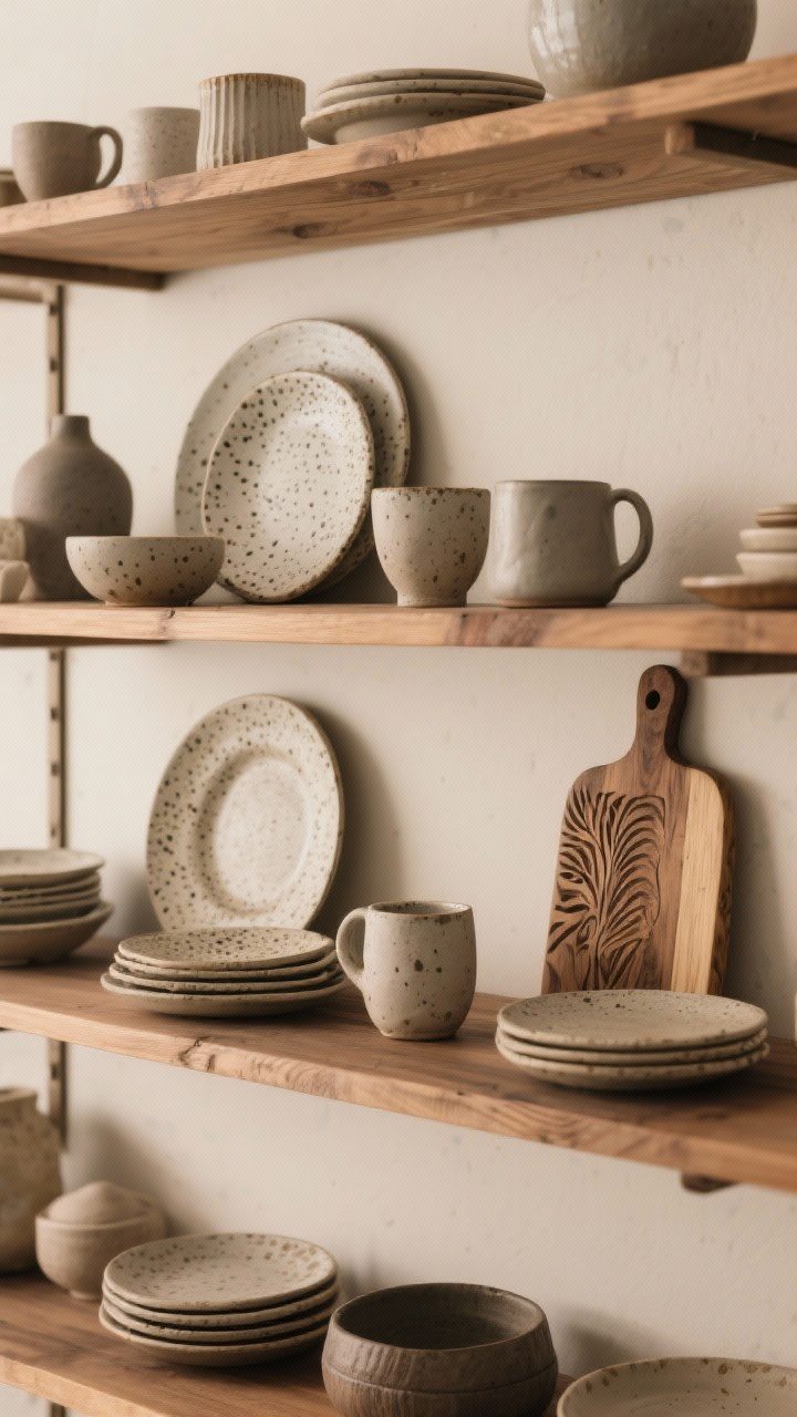 Closeup shelf vignette: Artisan ceramics and mismatched dinnerware—speckled plates, hand-thrown mugs, matte glazes, organic shapes, and a carved wood serving board displayed on open wood shelving; neutral base set mixed with unique pieces; warm ambient light highlighting subtle imperfections.