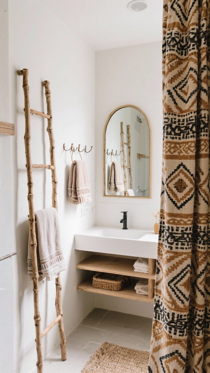 Corner angle medium shot of a small boho bathroom with big impact: wall hooks lined with towels, a slim ladder rack for extra hanging, a narrow vanity with open shelves keeping it airy, and one hero element—a bold arched statement mirror or patterned curtain; vertical storage emphasized; bright, space-maximizing light; no people.