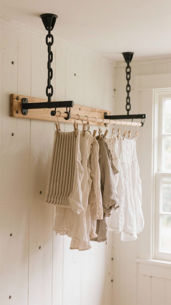 Corner-angle medium shot of a wall-mounted wooden accordion drying rack extended near a window for airflow; alternate view includes a ceiling-mounted black powder-coated pulley rack; display lightweight garments air-drying, studs-aligned mounting, and quaint farmhouse charm with gentle daylight streaming in.