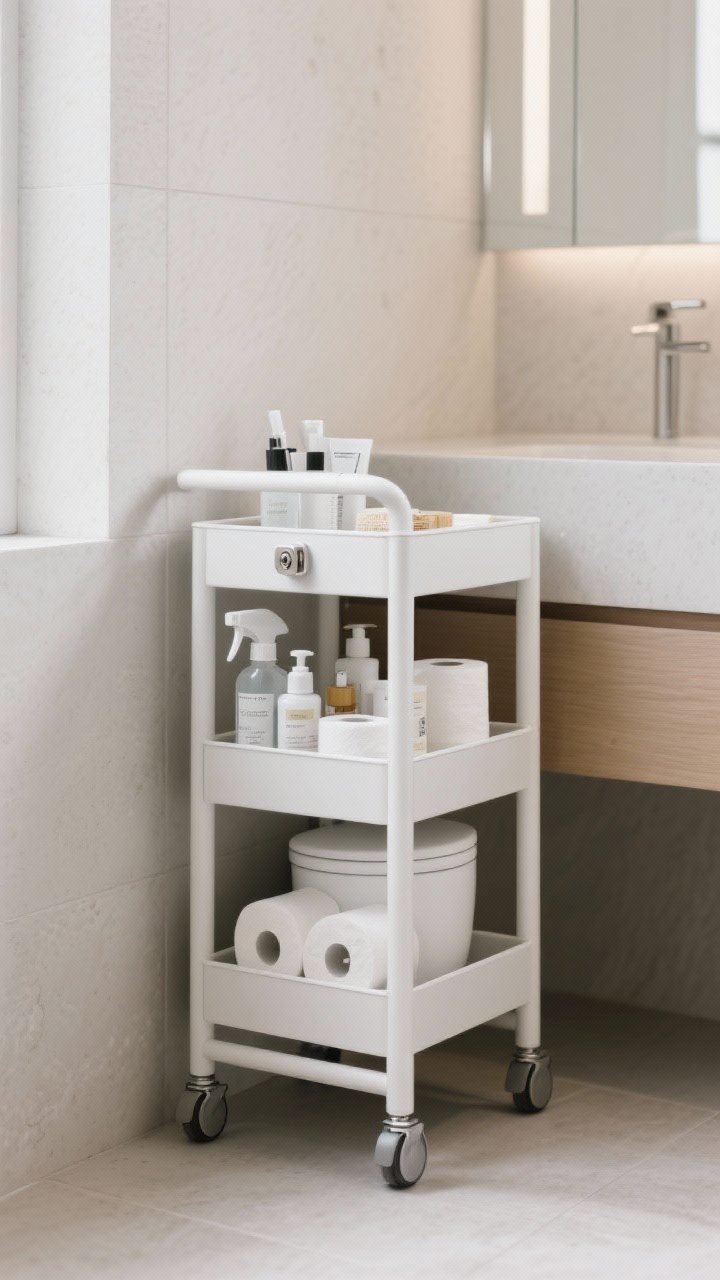 Corner-angle medium shot showing a slender rolling cart slid between a vanity and the wall; matte white cart with locking wheels, wipeable shelves, and a small handle; stocked with backup toiletries, cleaning supplies, and extra toilet paper; tight gap emphasizes space-saving; cool neutral palette with practical, clean textures.