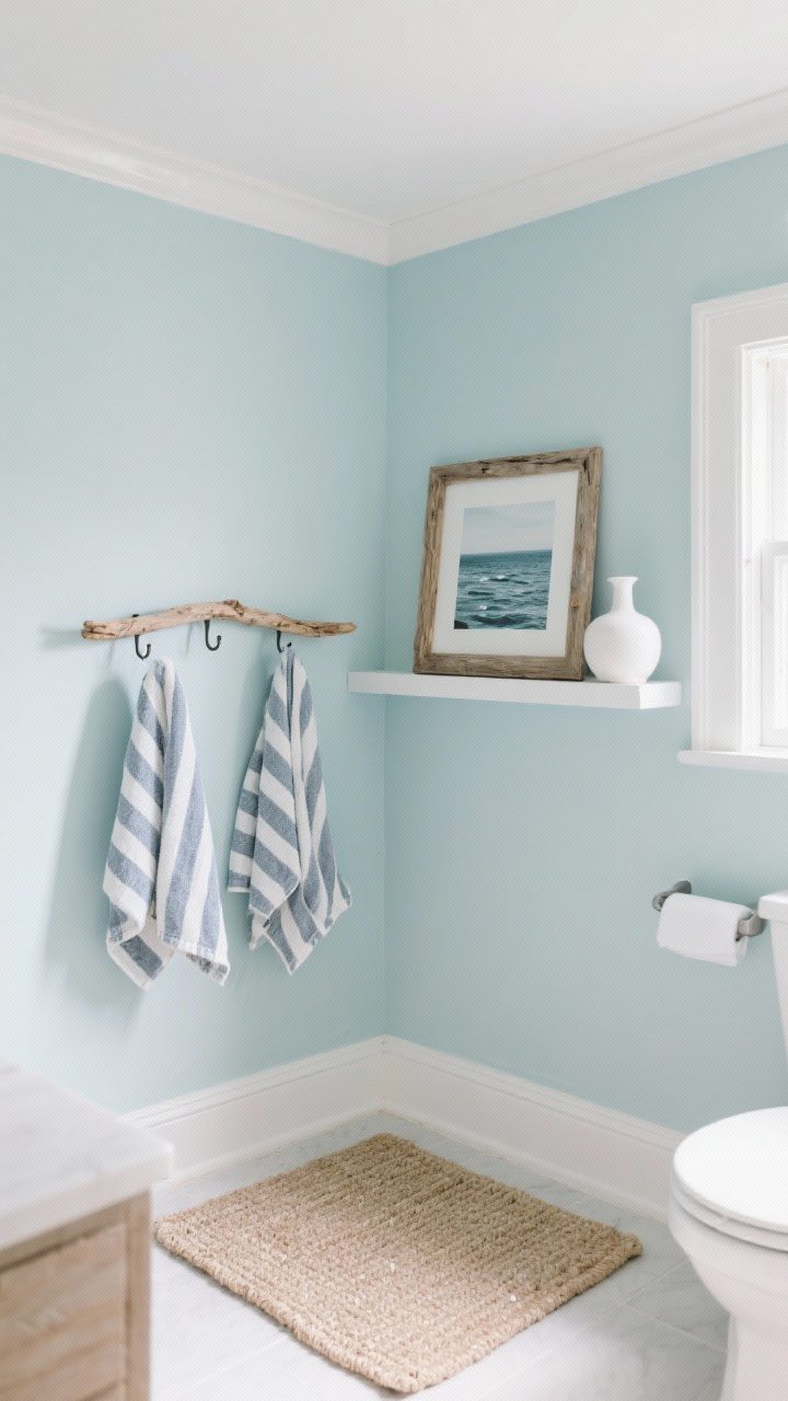 Corner-angle wide shot of a coastal-inspired bathroom without kitsch: pale blue walls with a subtle cool undertone, white trim, sandy neutral bath mat with texture, striped Turkish towels on hooks, a driftwood photo frame and a small white ceramic vase on a minimal shelf, plus a subtle seascape print; layered, light, and calm mood with soft natural daylight.