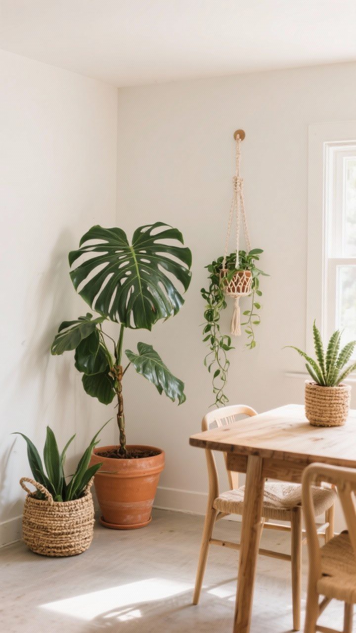 Corner medium shot: Plant-forward dining nook—a large monstera or rubber tree in a terracotta pot in the corner, smaller pothos trailing from a hanging planter balancing an empty wall, and a ZZ plant in a woven basket; natural textures echoed in planters; bright but soft daylight, relaxed boho mood.