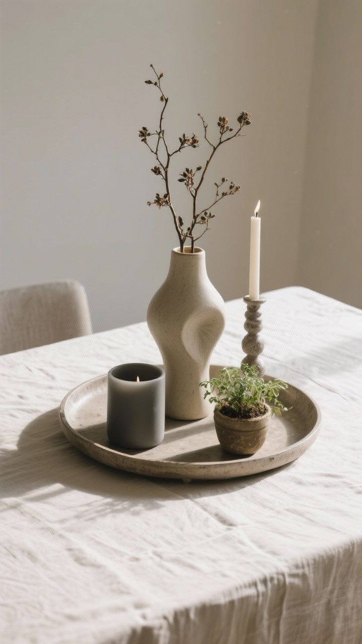 Detail closeup: A minimal, low centerpiece styled on a round tray—one tall sculptural ceramic vase with seasonal branches, flanked by a matte candle and a small potted plant; varying heights and textures, all arranged on a tray for easy removal; shallow depth of field with sunlight grazing the linen table surface, overhead angle to showcase composition and simplicity.