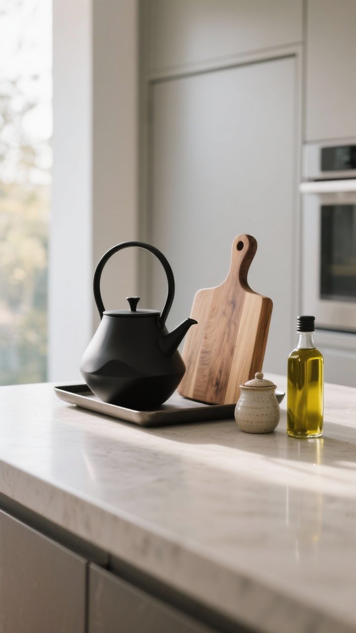 Detail closeup: Bare countertop vignette—a sculptural matte black kettle beside a single oiled wood cutting board, both corralled on a low-profile tray next to a small ceramic salt cellar and bottle of olive oil; the background recedes to a closed appliance garage; soft morning light grazing the textures.