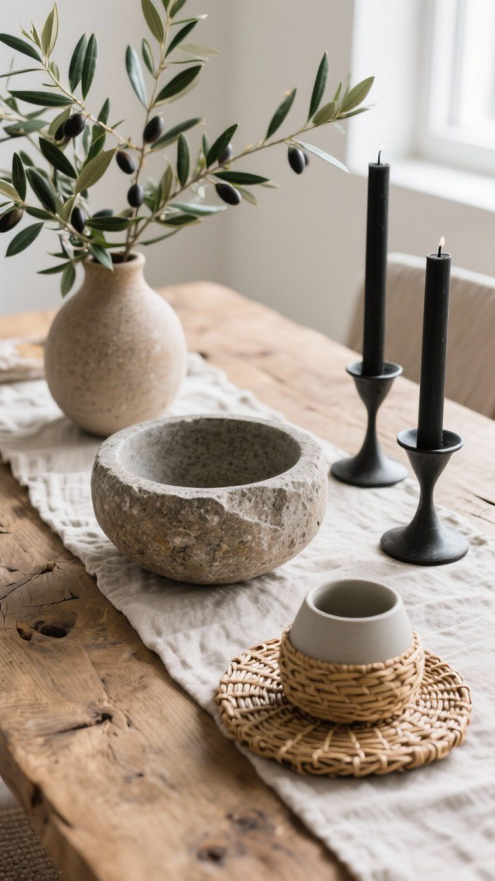 Detail closeup: Natural textures and greenery on a dining surface—stone bowl, matte black metal candleholders, a linen runner over a raw wood table, and a ceramic vase with olive branches; tactile contrasts between rattan-wrapped coaster and smooth ceramics; bright natural light highlighting fibers and grain; tight angle focusing on textures and leaves.