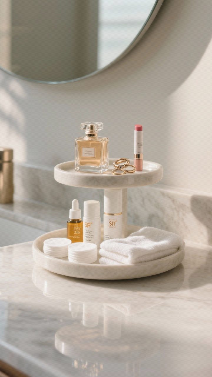 Detail closeup of a small tiered counter tray on a compact vanity: top tier with perfume bottle, rings, lip balm; middle tier with serums, moisturizer, SPF; bottom tier with cotton rounds and neatly folded face cloths; minimal extras in the background, glossy countertop reflections, spa-like calm with soft morning light.