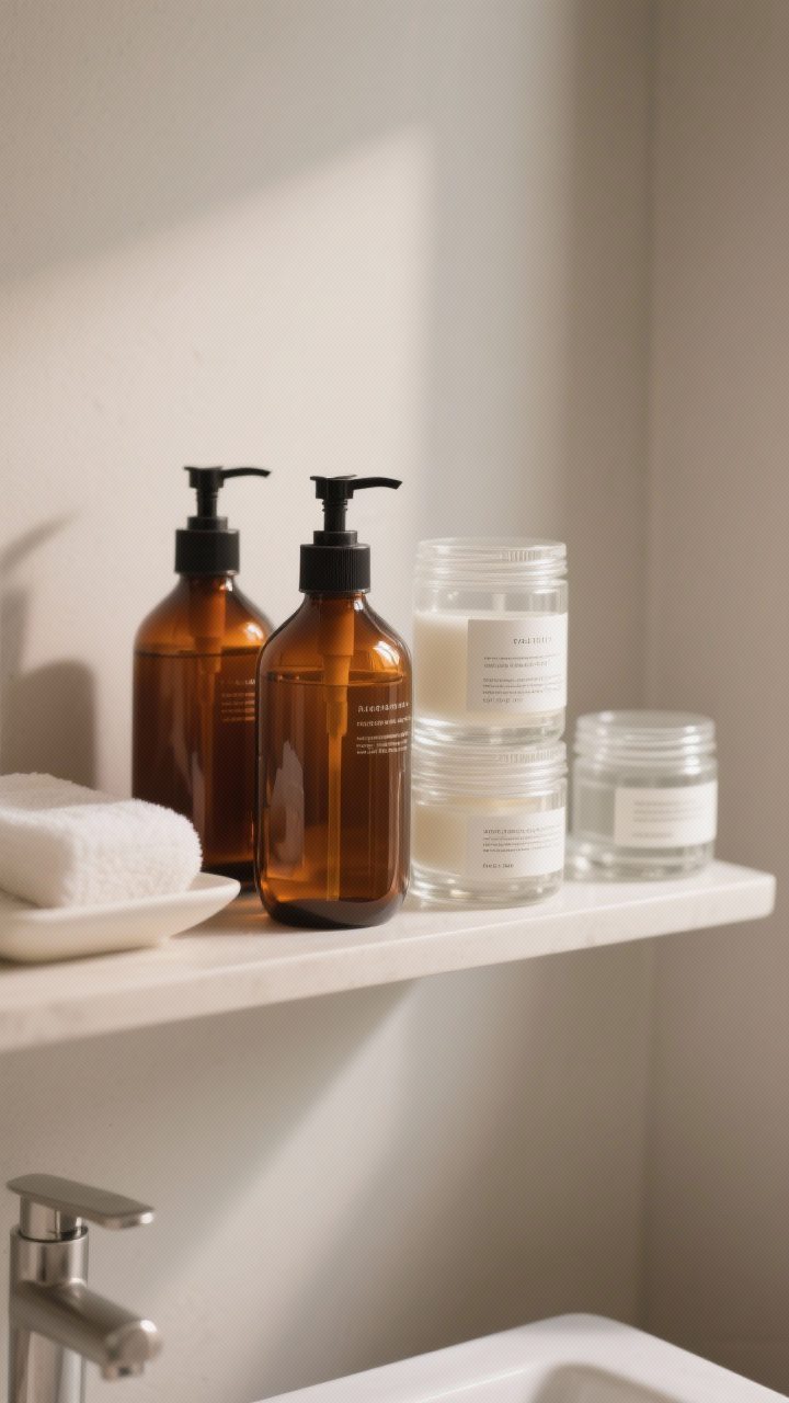 Detail closeup of decanted bath products on a shelf: uniform amber pump bottles and stackable clear jars with waterproof labels; minimal duplicates, one backup per product visible; clean lines, consistent heights, and a calm neutral backdrop; soft diffused light creating a design-magazine aesthetic.