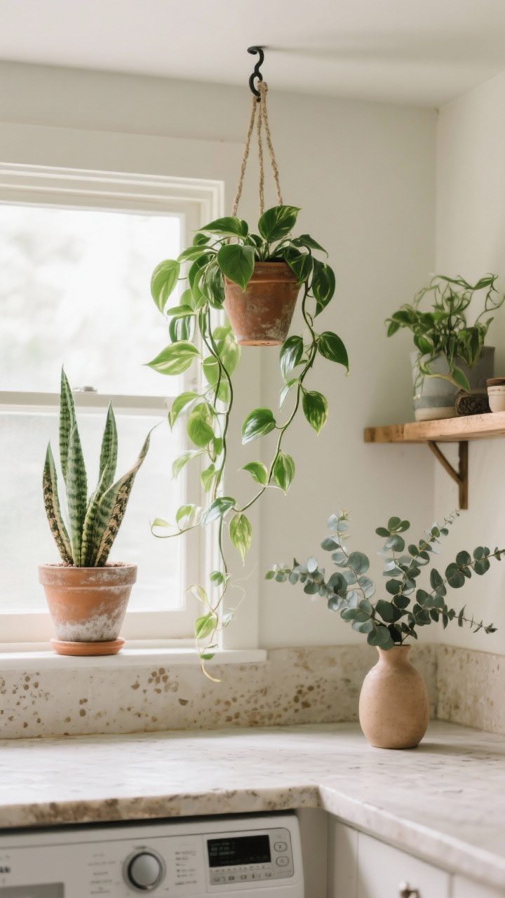 Detail closeup of greenery in a laundry: a trailing pothos hanging from a ceiling hook near a window, a snake plant in an aged terra-cotta pot on a shelf, and a small vase with fresh eucalyptus on the counter; soft natural humidity glow, weathered clay textures, calm and fresh mood.