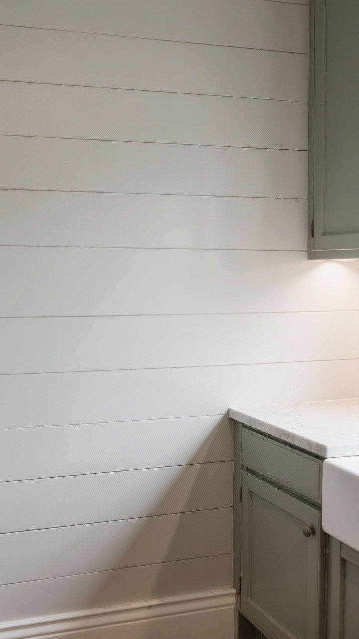 Detail closeup of thin-profile shiplap in soft greige painted semi-gloss, installed horizontally for subtle texture; include a simple, classic farmhouse base trim, and a hint of a laundry countertop edge; soft side lighting to reveal the horizontal lines without overpowering the scene.