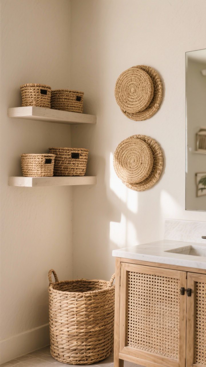 Detail closeup of woven elements: cane-front vanity panel, rattan hamper nearby, a pair of woven wall plates mounted above; lidded seagrass baskets neatly arranged on an open shelf; warm natural light grazing the textures to reveal weave patterns; neutral wall; no people.