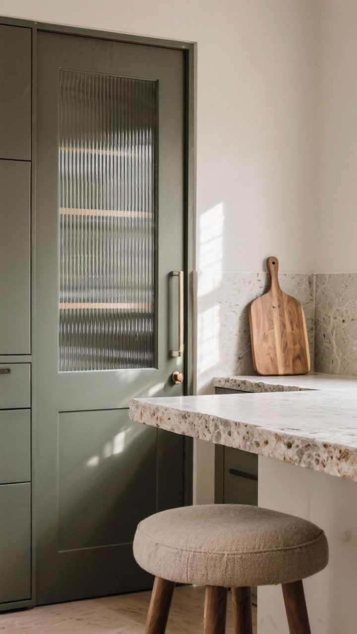 Detail closeup: Quiet texture study—ribbed glass panel on a single pantry door catching light, micro-rough honed stone counter edge, linen-look upholstery on a barstool seat, and a slim-edged natural wood cutting board leaning against the backsplash; soft raking light accentuating tactile surfaces.